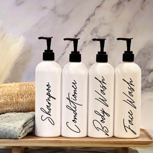 Refillable White Shampoo and Conditioner Bottles: Minimalist Bathroom Decor