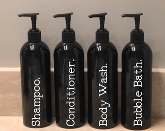 Black Refillable Bottles | Shampoo and Conditioner Bottles | Reusable Bottles | Modern Bathroom | Bathroom labelled bottles | Modern storage