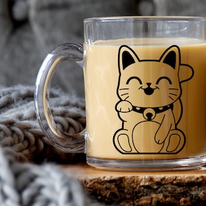 Lucky Cat | Waving Lucky Cat Mug  | Chinese Cat  | Maneki Neko Cat | Money Cat | Waving Cat Clear Glass Mug | Chinese New Year