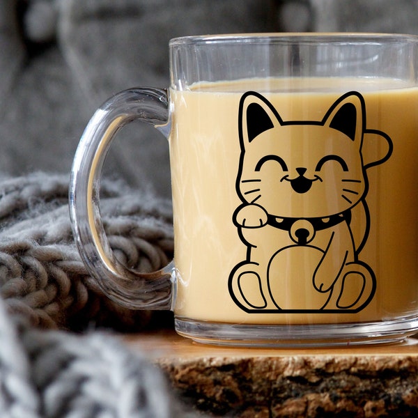 Lucky Cat | Waving Lucky Cat Mug  | Japanese Cat  | Maneki Neko Cat | Money Cat | Waving Cat Clear Glass Mug | Good Luck Housewarming Gift