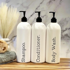 Large White Shampoo & Conditioner Bottles | 32oz Dispenser Bottles | Refillable Bottle | Labelled Refillable Bottles | Modern Home Decor