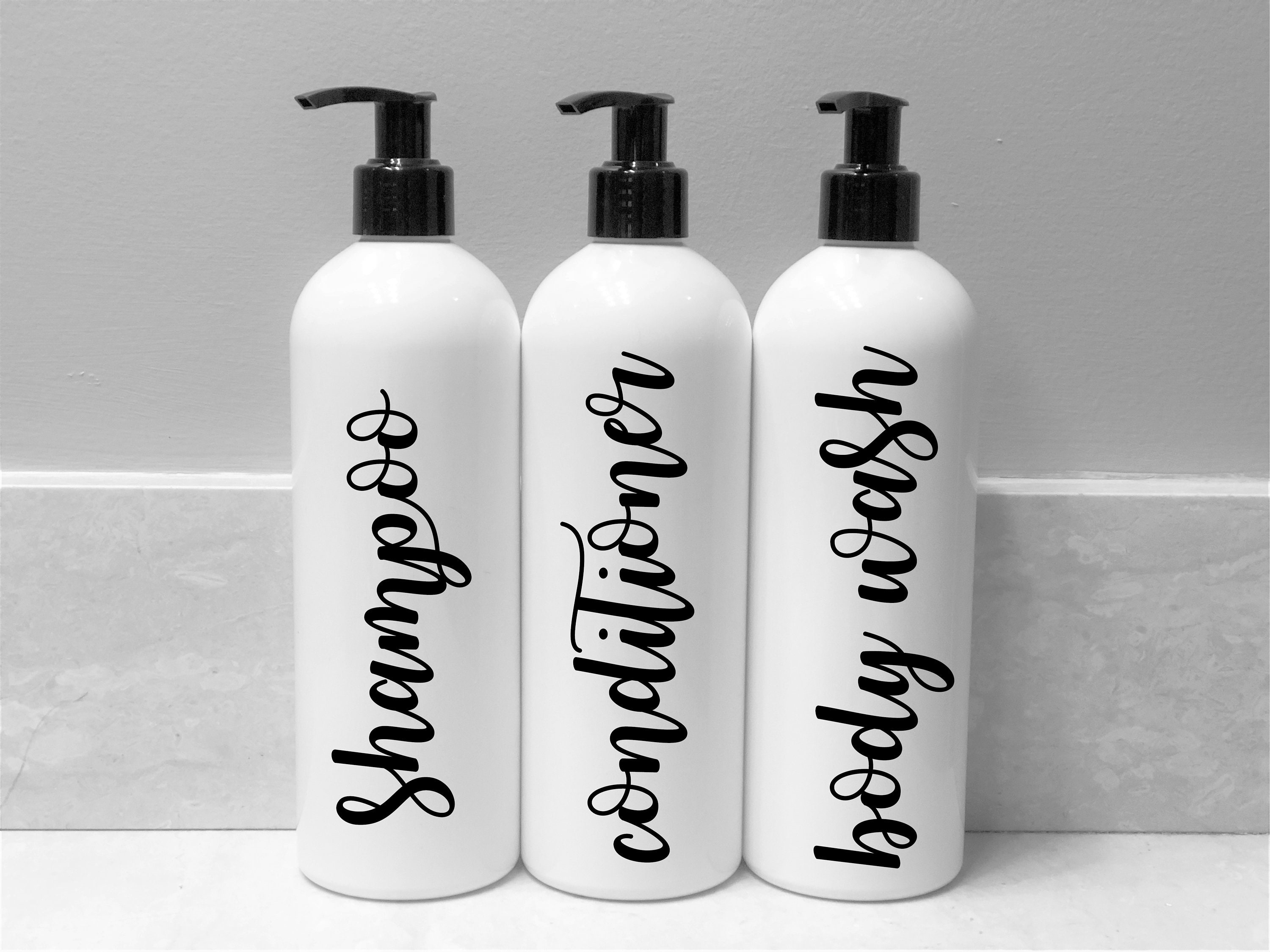 Shampoo and Conditioner Bottles White Heartland Lettering Modern Shampoo Bottles with Pump Set of 3 Shampoo Conditioner and Body Wash Dispensers 
