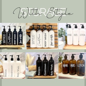 May include: Three sets of black and white pump bottles with labels for shampoo, conditioner, and body wash. The bottles are arranged in a row on a wooden surface. The labels are in a simple, modern font.