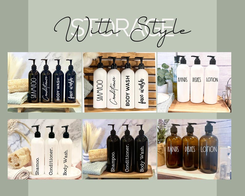 May include: Three sets of black and white pump bottles with labels for shampoo, conditioner, and body wash. The bottles are arranged in a row on a wooden surface. The labels are in a simple, modern font.