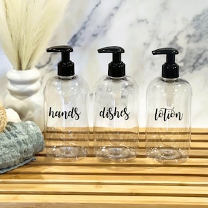 Clear Hands Dishes Lotion dispensers | Soap Dispensers for Kitchen | Soap Pump Dispenser | Labelled Refillable bottles | Kitchen storage