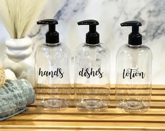 Clear Hands Dishes Lotion dispensers, Soap Dispensers for Kitchen, Soap Pump Dispenser, Labelled Refillable bottles, Kitchen storage