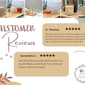 May include: Customer reviews for personalized glass tea cups. The reviews highlight the timely delivery, quality, and affordability of the cups. One review mentions using the cups as gifts for the holidays.