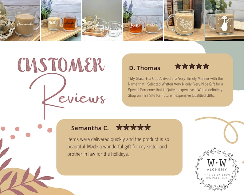 May include: Customer reviews for personalized glass tea cups. The reviews highlight the timely delivery, quality, and affordability of the cups. One review mentions using the cups as gifts for the holidays.