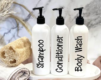 White Shampoo & Conditioner Bottles | Kids Bathroom | Labeled Refill Bottles | Bathroom Bottles | Shampoo Pump Dispenser | Bathroom Storage