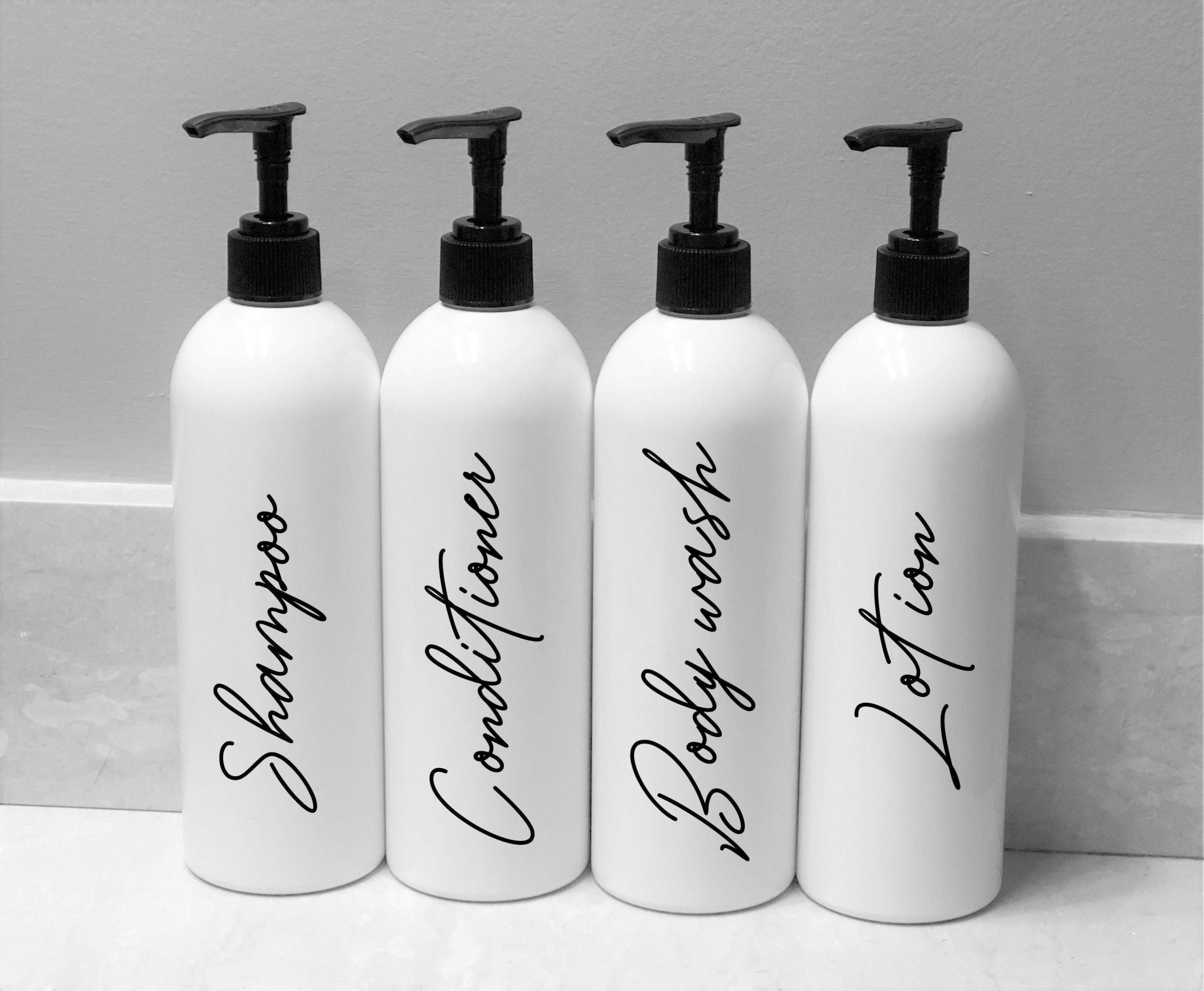 4 White Bathroom Bottle Set Refillable Bottles Shampoo and