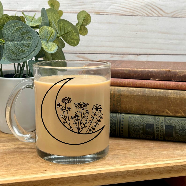 Wildflower Moon Clear Glass Mug: Cottagecore Coffee Lover Gift image 2