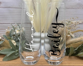 Personalized Glass Champagne Flute l Stemless Glass Champagne Flute l Personalized Bridesmaid Gift l Bridal Party Gifts | Bachelorette Party