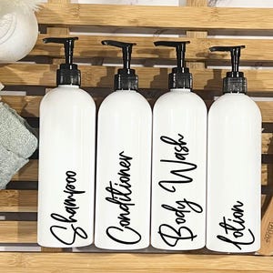 4 White Shampoo and Conditioner bottles Set | Refillable Bottles | Bathroom Dispensers | Modern Bathroom | Bathroom Storage  Airbnb Décor
