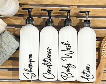 White Refillable Shampoo and Conditioner Bottles, Set of 4, Shower organization, Modern Bathroom Dispensers