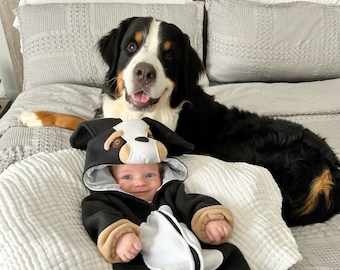 Bernese Dog Fleece Hooded Jumpsuit Costume for Baby Toddler or Child