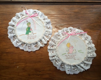Counted Cross Stitch Christmas Wall Hanging Set of 2  (Shepherd and Angel)  7.5" Hoops