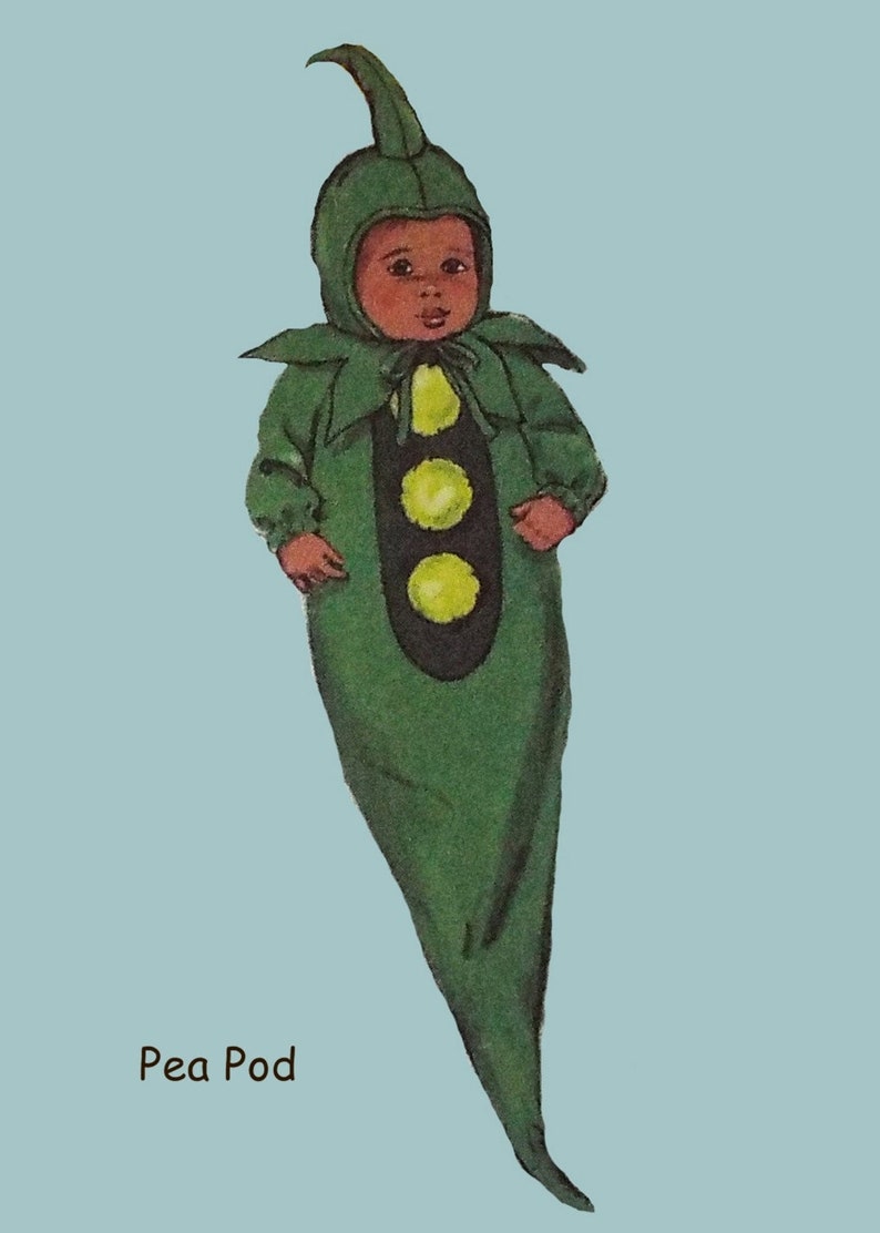 May include: A baby wearing a green pea pod costume with three yellow peas on the front. The costume has a hood and a long, pointed tail. The text "Pea Pod" is printed below the image.