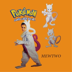 May include: A child wearing a white and purple Mewtwo costume. The costume has a large, pointed head with red eyes and a long, purple tail. The child is standing on a yellow background with the words "Pokémon Gotta catch 'em all!" and "MEWTWO" printed below.