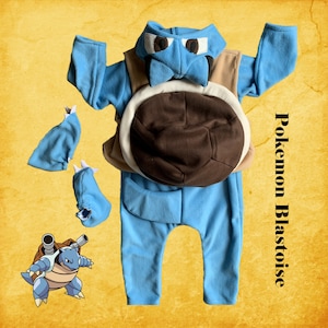 May include: Blue and brown Pokemon Blastoise costume for kids. The costume features a blue jumpsuit with a brown shell on the front. The costume also includes a separate headpiece.