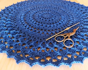 Blue Cotton Mandala Crochet Doily: Handmade Round Placemat for Table Decor