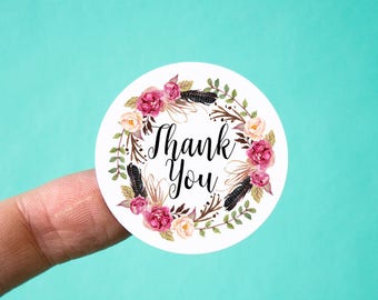 Thank You Stickers | Packaging Stickers | 1.5" round stickers | Thank You Stickers | Shop Supplies | Shipping Supplies | Floral Feathers