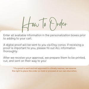 text that provides instructions for ordering, including information about filling out personalization boxes and receiving a digital proof via Etsy convo. The text emphasizes the importance of providing all relevant information and mentions that the order will be printed, cut, and sent on their way to the customer.