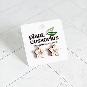 May include: Wooden star-shaped stud earrings with a light pink flower design. The earrings are presented on a white card with the text "plant.cessories" and a website address. The earrings are a floral accessory.