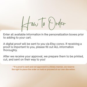 text that provides instructions for ordering, including information about filling out personalization boxes and receiving a digital proof via Etsy convo. The text emphasizes the importance of providing all relevant information and mentions that the order will be printed, cut, and sent on their way to the customer.
