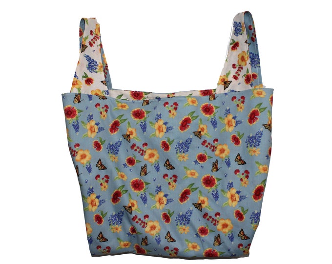 Bee on Blue Floral Reversible Market Bag