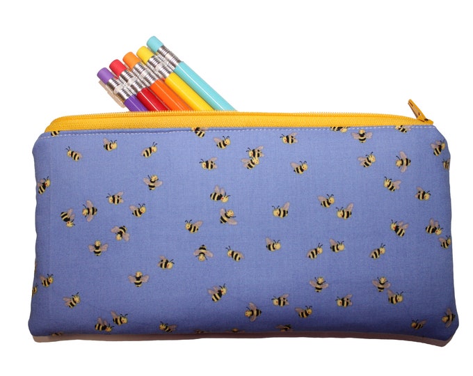 Emily Pencil Pouch Bees on Blue