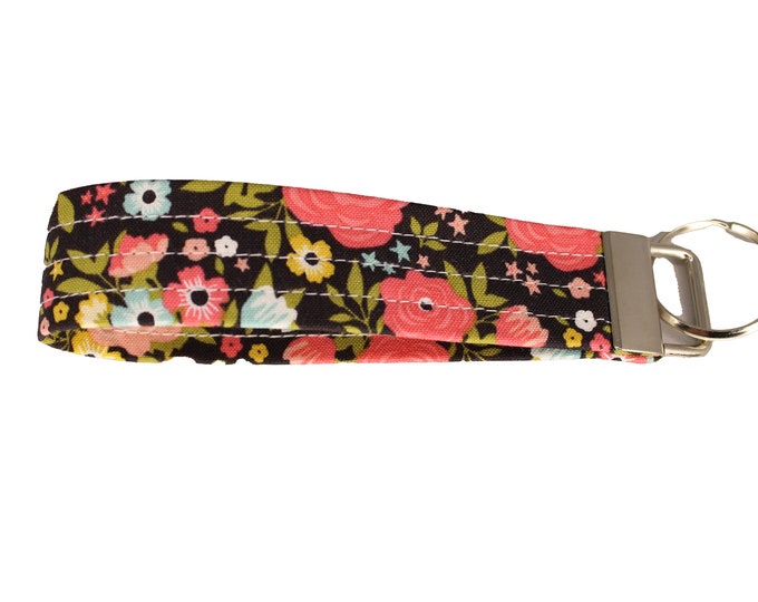 Dark Brown and Pink Floral Fabric Keychain