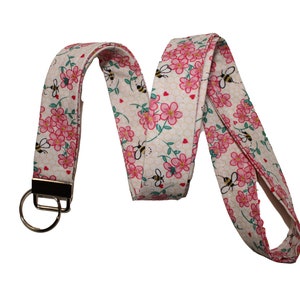 White and Pink Floral With Bees Floral Lanyard
