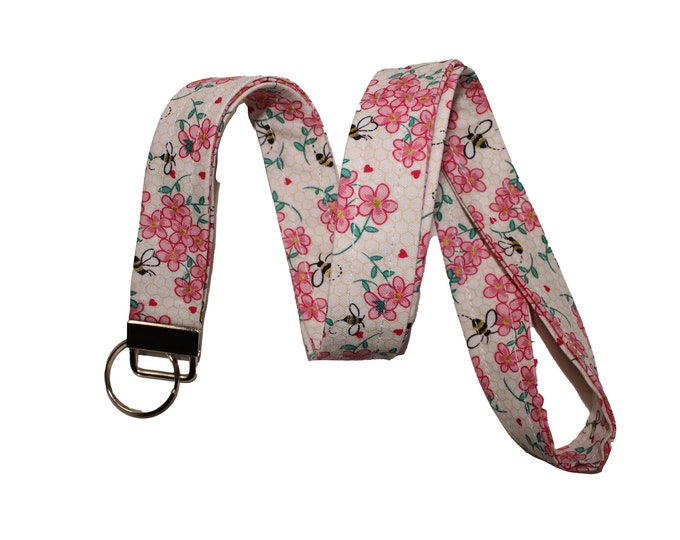 White and Pink Floral With Bees Floral Lanyard