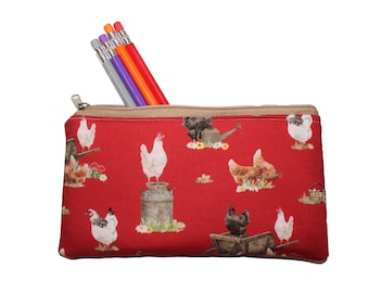 Emily Pencil Pouch Chickens on Red