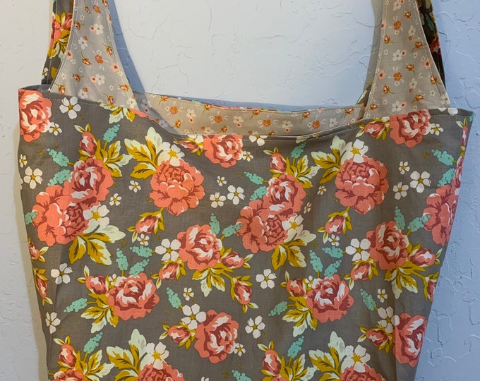 Taupe with Rose Floral Reversible Market Bag