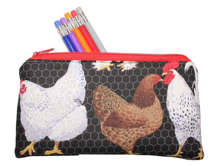 Emily Pencil Pouch Chickens on Black