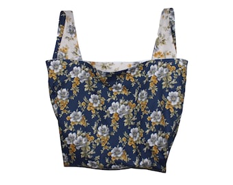 Navy Blue and Mustard Floral Reversible Market Bag
