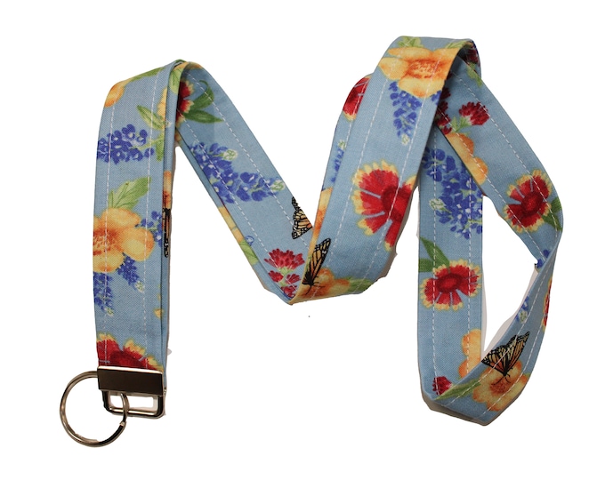 Butterfly on Blue Floral Lanyard