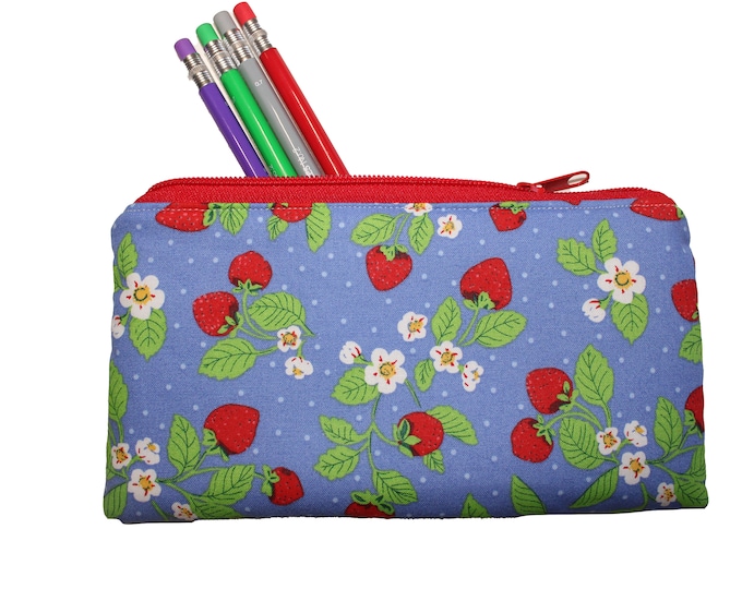 Emily Pencil Pouch Strawberries on Blue