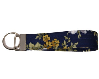 Navy Blue Floral Fabric Keychain