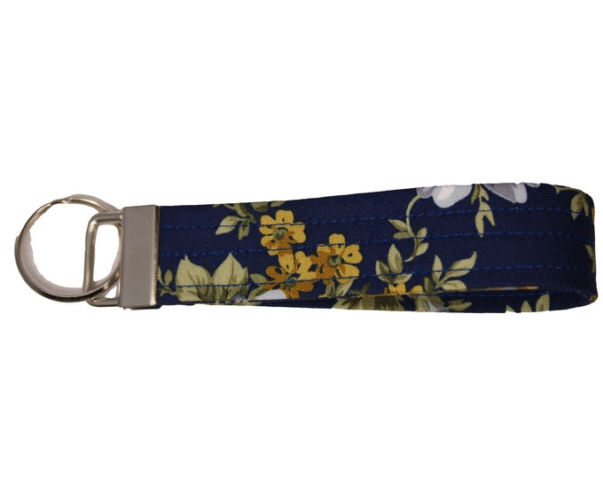 Navy Blue Floral Fabric Keychain