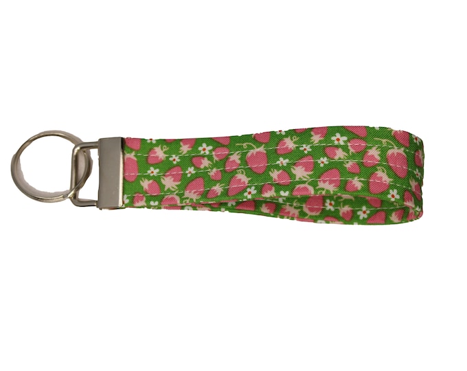 Pink and Green Strawberry Fabric Keychain
