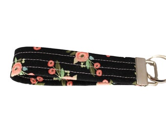 Black and Pink Floral Fabric Keychain