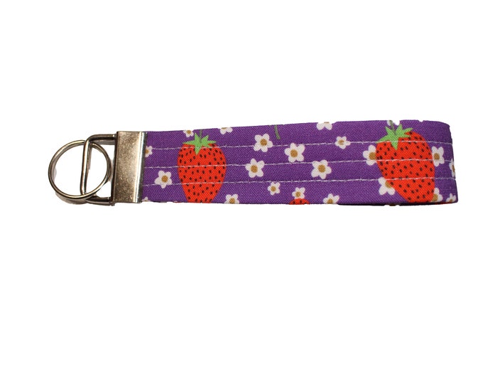 Purple Red Strawberries Fabric Keychain