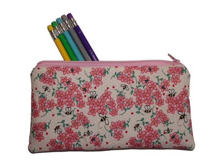 Emily Pencil Pouch Pink Floral with Bees