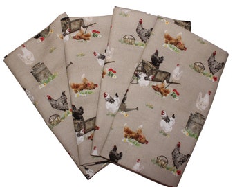 Chickens on Tan  Floral  Cloth Napkin