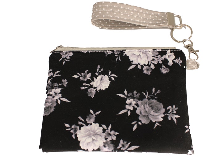 Black and Grey Floral Carly Wristlet