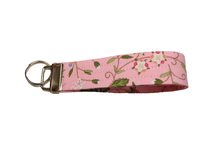 Pink Strawberries Fabric Keychain