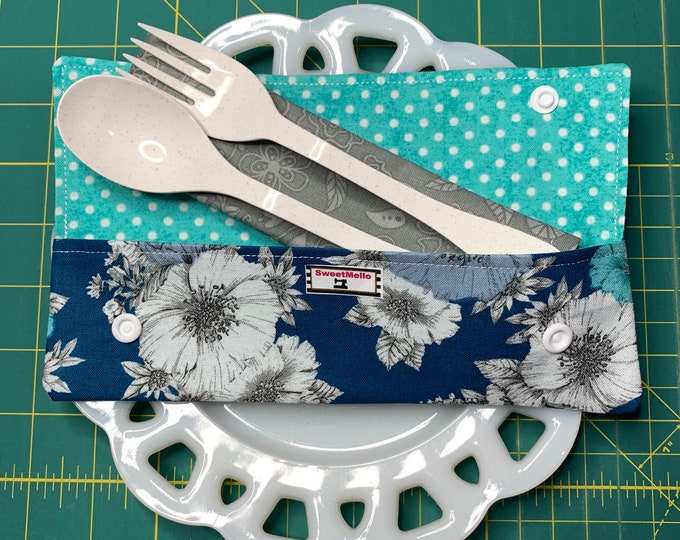 Teal and Grey Floral Cutlery Case