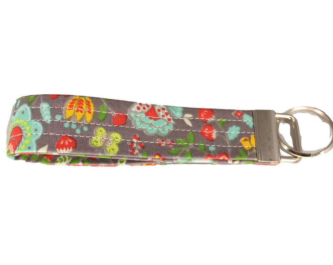 Taupe and Bright Floral Fabric Keychain